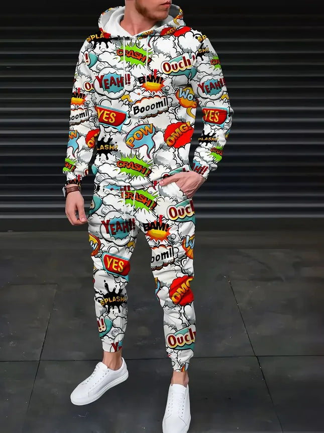 The new men's hoodie set for Spring and Autumn 2025 features a casual, fashionable, and comfortable 3D graffiti pattern print