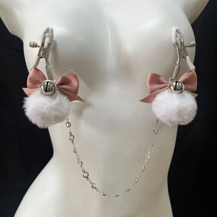 Fuzzy Bow Nipple Clips Bell Collar and Body Chain Pink Breast Restraints BDSM Training Sexy Accessories for Women Adult Sex Toys