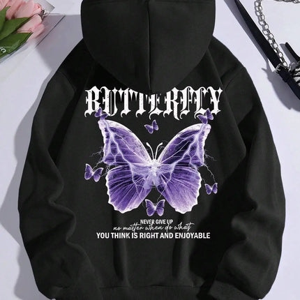 Beautiful Purple Butterfly Printing Hoodies Women Fleece Pocket Hoody Simple Casual Hoodie Autumn Loose Female Streetwear