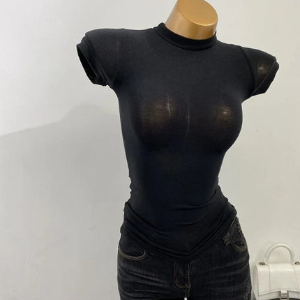 Korean Transparent Short-Sleeved Slim-Fit Elastic Solid Color Bottoming T-shirt with Half-High Collar - Sexy Big Chest T-shirt