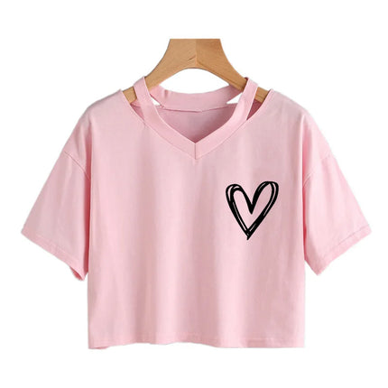 Women's Sexy Crop Tops with Heart Print Short Sleeve Cropped T Shirt Drawstring Graphic T-shirt Fashion T-shirt Clothes