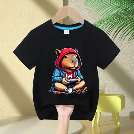 Cute Capybara Loves Bubble Tea print kids T-Shirt summer children's pure cotton short-sleeved casual tops boys and girls gifts