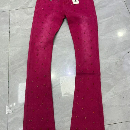 2026 Rhinestone Men's High Street Quality Slim Fit Skinny Long Denim Flared Jeans Pants