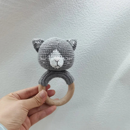 Amigurumi Cartoon Animal Baby Rattle Cute Wooden Ring Handhold Newborn Rattle Toys Handmade Pacifier Clips Kids Educational Toys