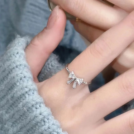 Romantic Lovely White Bowknot Rings Female Girls Exquisite Jewelry Ring with Shiny Bow Tie Zircon for Party Dating Lovers Gifts