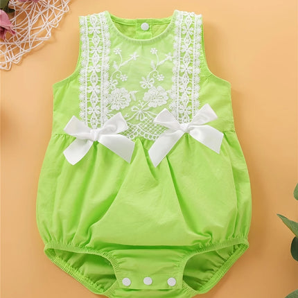 Summer Princess Style Baby Girl Romper Lace Trim No-Sleeve Embroidery Double Butterfly Knot Decor Crawling Clothes