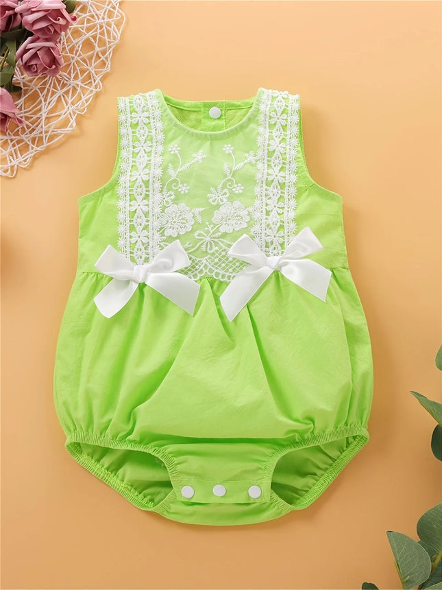 Summer Princess Style Baby Girl Romper Lace Trim No-Sleeve Embroidery Double Butterfly Knot Decor Crawling Clothes