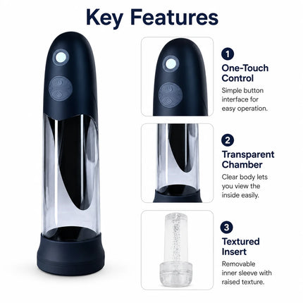 Automatic Waterproof Men Hydro Penis Pump Trainer with Clear Chamber, Removable Sleeve, Private Care Cup and One Touch Control