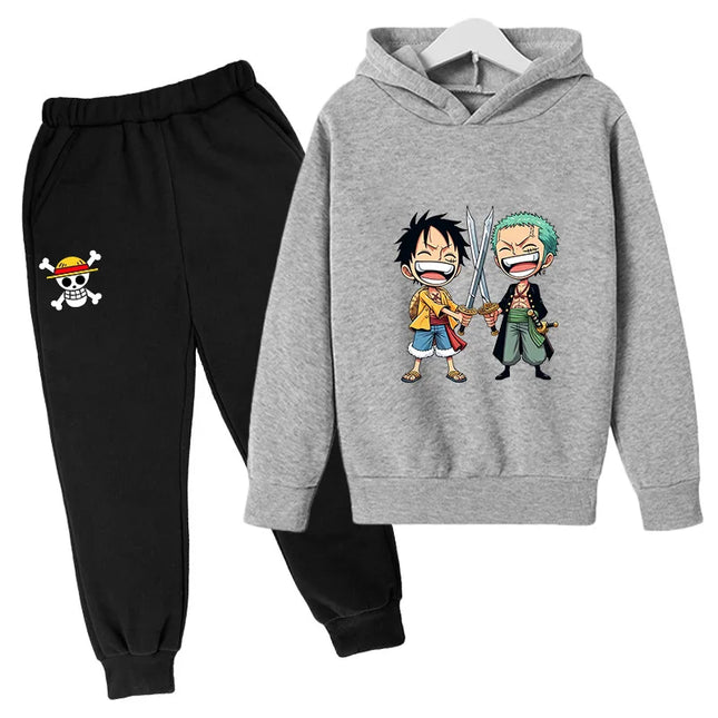 2025 Boys Girls Casual Hooded Japanese Anime One Piece Luffy Zoro Harajuku Hoodie Sweatpants Set with Pockets Sweatshirt Tops