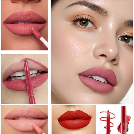 Matte Lip Gloss & Lipliner Pen Set Makeup Women Gift 24h Long-lasting Waterproof Non Stick Cup Mirror Lipstick Sexy Lips Makeup