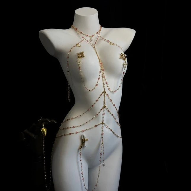 Rhinestone Sexy Chain Nipple Clamps One-Piece Body Chain Luxury Collar Includes Anal Plug and Vaginal Clamps BDSM Training Sexy