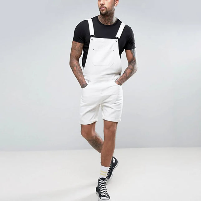 Vintage Men Jeans Denim Rompers White Shorts One-piece Overalls Suspenders Streetwear Men Jumpsuit