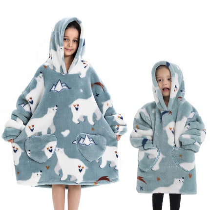 100-160CM Flannel Oversized Hoodie Teenager Girls Boys Pullovers Winter Sweatshirts for Kid Children's Clothing Wearable Blanket