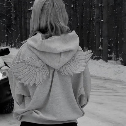 Y2K Angel Wings Hooded Sweatshirt, New 2026 Release Solid Color Zipper Street Cute Personalized Top Role-Playing Outfit