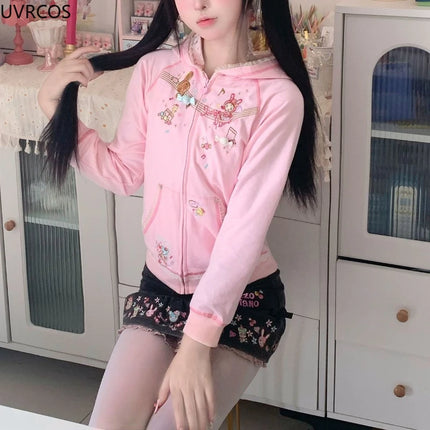 Pink Japanese Y2k Cute Hoodies Coat Women Autumn Kawaii Long Sleeves Cartoon Pattern Ear Anime Hoodie E-girls Sweet Sweatshirt