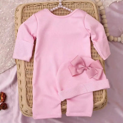 Ylsteed 2Pcs Newborn Photography Long Tleeves Romper Jumpsuit With Bow Hat Embroidery Baby Clothes Photography Props-HD