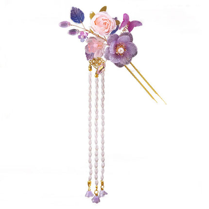 Fairy Purple Flower Hair Stick Chinese Tang Costume Hair Accessories Fringe U-shaped Hairpin Vintage Cheongsam Hair Bun Jewelry
