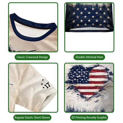 Retro American Flag Style 3D Print T-shirt Summer Eagle Heart Graphic Tee Street Unisex Sports Casual Breathable Short Sleeve