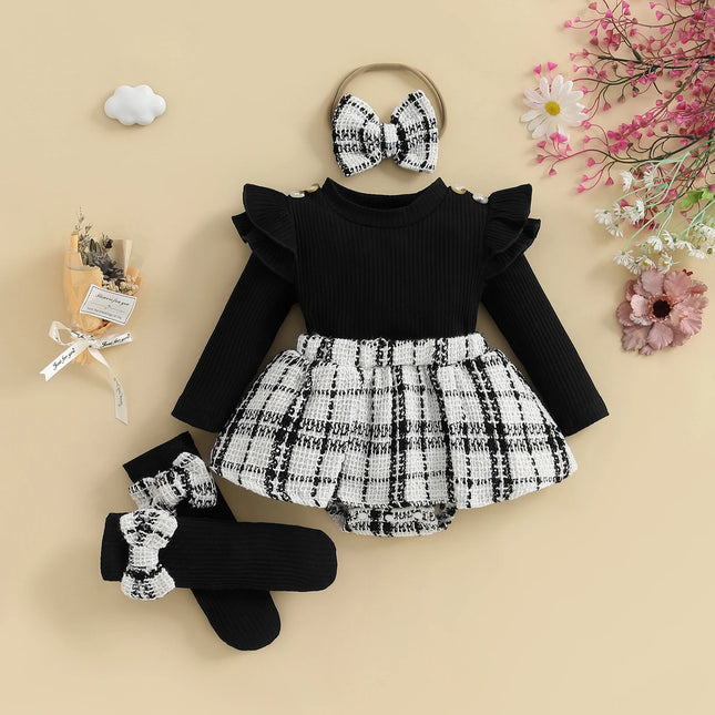 Pudcoco Baby Girl Fall Outfits Long Sleeve Plaid Print Skirt Bodysuit with Headband Socks Set Infant Clothes 0-18M