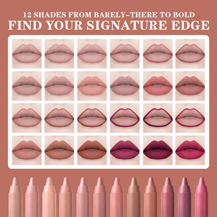 12Pcs/Set Lip Liner Set Waterproof and Sweat-Proof, Delicate Texture, Non-Smudged, Outline Lip Shape, Essential Lip Liner for Novices, Holiday Party, Valentine's Day Gift, Lip Liner Set