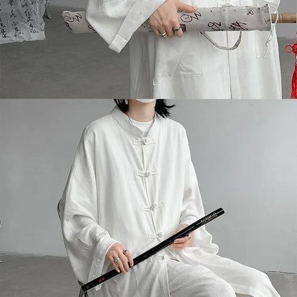 New Chinese Style Men's Shirt and Pants Set Retro Spring Autumn Youth Chinese Style Clothing Polyester Fiber Machine Washable