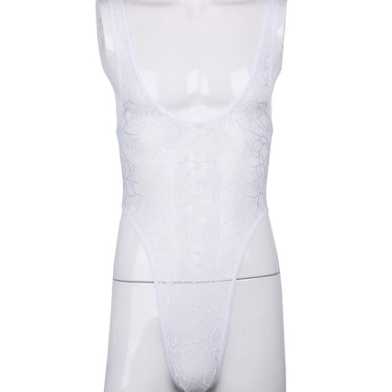 Men's One-piece High Cut G String Underwear Wrestling Singlet Leotard Sheer Bodysuit Thongs Sissy Lingerie See Through Nightwear