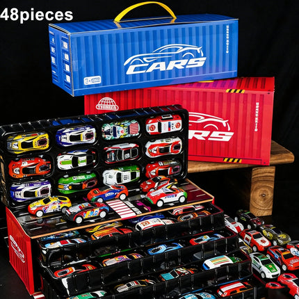 48 Pieces Mini Car Set Inertia Pull Back Cars for Boys Plastic Vehicle Model with Container Collection Simulation Toy Birthday