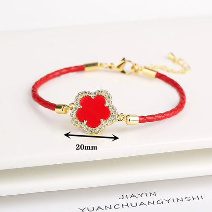 Classic Genuine Leather Woven Natural Stone Five Leaf Flower Charm Bracelet Fashion for Women Girls Party Wedding Jewelry Gift