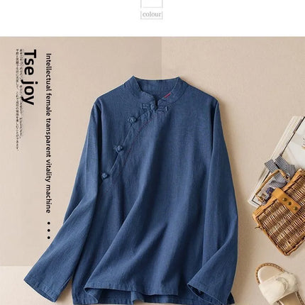 Retro Artistic Women's Long Sleeve Cotton Linen Loose Slim Fit Shirt Stand Collar Side Button Geometric Pattern Elegant Style