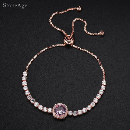Pink Crystal Tennis Bracelets for Women Female Trend Romantic Shiny Zirconia Adjustable Folding Buckle Chain on Hand Jewelry