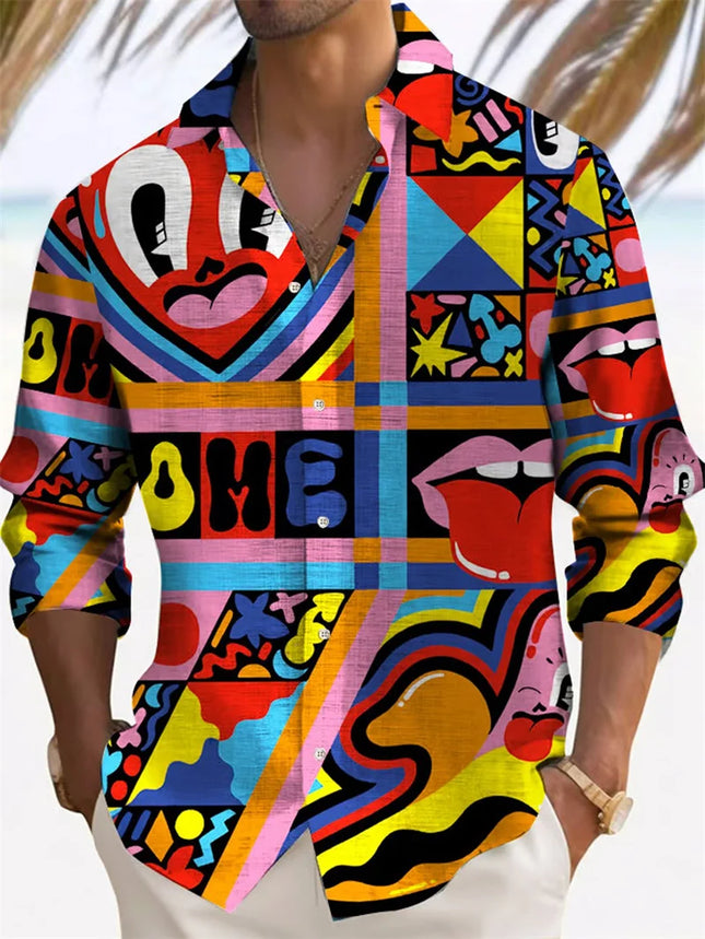 Men's Long Sleeved Printed Shirt, Single Breasted Stand Up Collar Shirt, Fashionable Casual Top