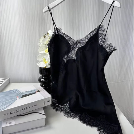 KONDALA Sexy Chic Black Lace Cami Tops Women V Neck Patchwork Sleeveless Y2K Girl Top Fashion 2025 Summer Fall Holiday Beach Top