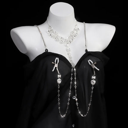 Shiny Rhinestones Tassel Sexy Chest Chain Nipple Clip  for Women Fashion Metal Bra Cross Bikini Within Hollow Body Chain Jewelry