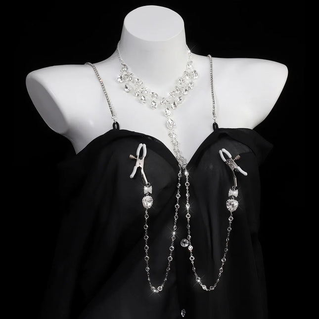Shiny Rhinestones Tassel Sexy Chest Chain Nipple Clip  for Women Fashion Metal Bra Cross Bikini Within Hollow Body Chain Jewelry