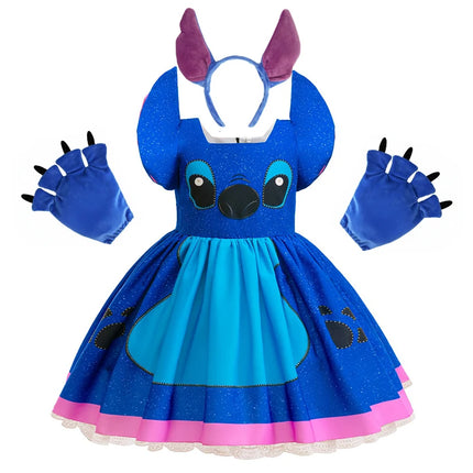 Lilo Stitch Dress Girls Disney Stitch Cartoon RolePlay Carnival Costume 2-10 Yrs Kids Cartoon Printing Halloween Party Outfits