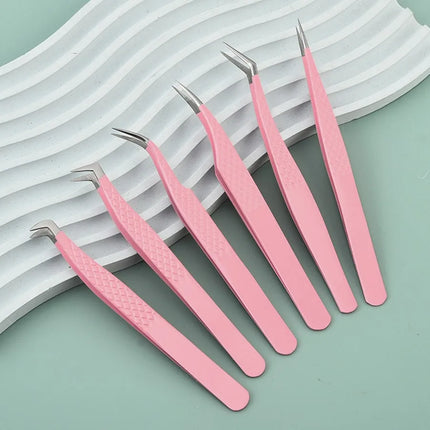 1pc/2/4/6pcs Tweezers for Eyelash Extension Pink Stainless Steel High Precision Lash Tweezers for Volume Fans Makeup Tools