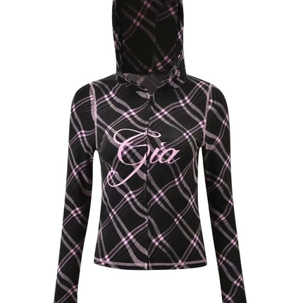 Gia Slim-Fit Letter Print Topstitching Design Hooded Zip-Up Jacket and Pants Set