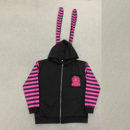 2026 Dark Pink Black Punk Skeleton Printed Striped Sleeve Hoodie Street Style Women's Zipper cardigan Wholesale Women's Clothing