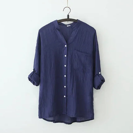 Plus-size Women Long-sleeved Shirt - linen Women's Top, Simple Solid Color Retro Shirt, 2025 Summer Korean-style Clothing