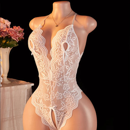 One-piece Lace Women's Underwear Open Crotch Bra Set Women Sexy Lingerie Solid Mesh Hot Temptation Deep V Neck Erotic Lingerie