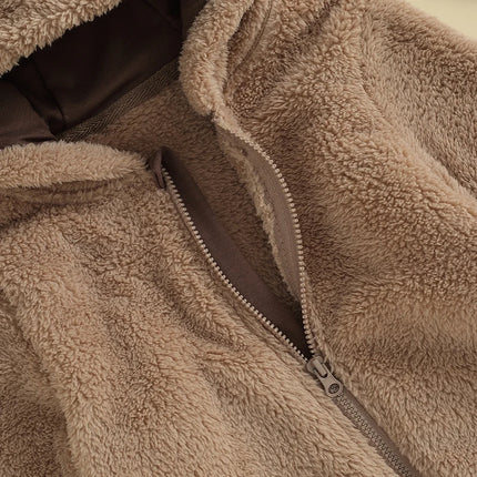 Baby Plush Rompers Autumn Newborn Boys Girls Long Sleeve Hooded Zipper Closure Jumpsuits Winter Warm Toddler Infant Outfits