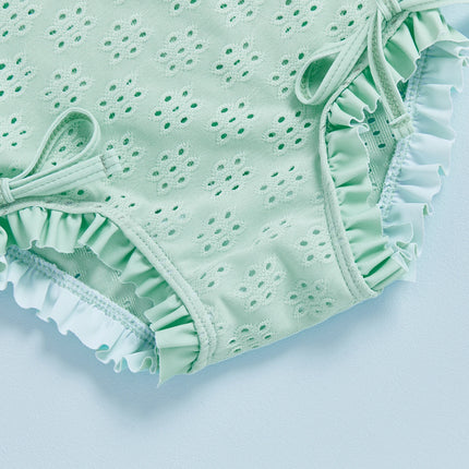 Infant Baby Girl Eyelet Swimsuit with Swimming Hat Toddler 2 Pcs Set Long Sleeve Round Neck Ruffled Romper Kids Bathing Suit