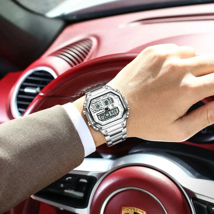 POEDAGAR Functional Men Wristwatch Waterproof Luminous Stainless Steel LED Man Watch Week Date Electronic Men's Quartz Watches