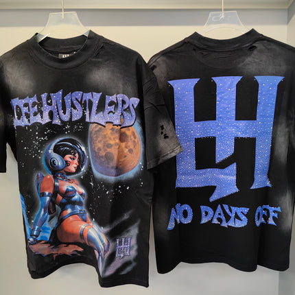 New fashion brand LIFE HUSTLERS Y2K hot stamping hole Men Women T-shirt Streetwear 100% Cotton Loose Round Neck Top Tees
