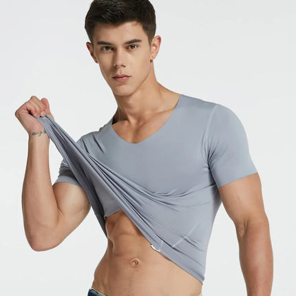 4Pcs Summer Ice Silk Men T-Shirt Vest Men's No Trace Sports Short Sleeve T-shirt Solid V-neck Tees Quick Dry Shirt Tops Fitness