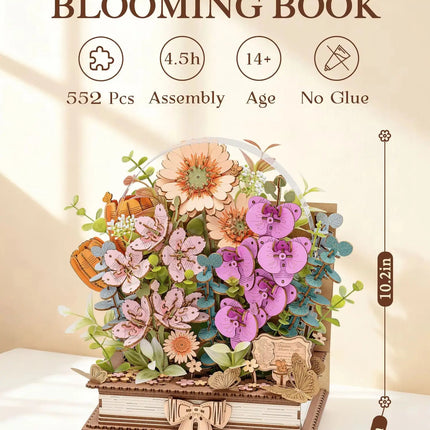 Rolife 3D Puzzle Wooden Blooming Book DIY Artificial Flower Bouquet Model Building Kit for Home Decor Wedding Mother's Day Valentine's Day Gift for Women Adults