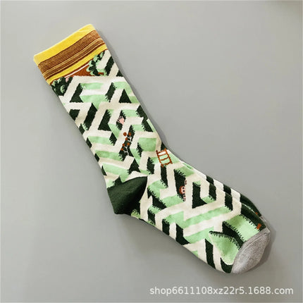 Bonne Maison French Small Batch Women's Fun Oil Painting Style Mid-Calf Cotton Dopaamine Colorful Socks Moisture Wicking Sweat
