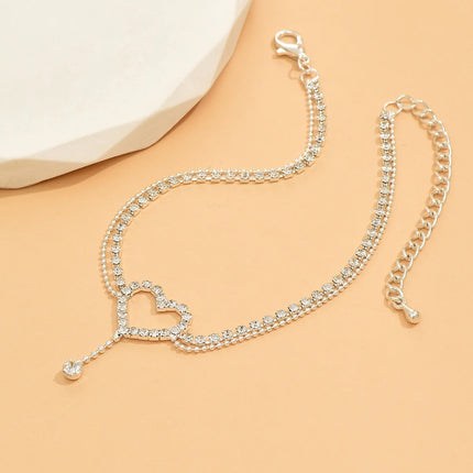 Shiny Bling Heart Drop Tassel Charm Double Layer Anklet Women Beach Foot Chain Vacation Jewelry Summer