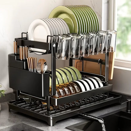 2-Tier Carbon Steel Dish Drying Rack with Drainboard, Large Capacity Kitchen Counter Organizer for Cups, Bowls & Bottles