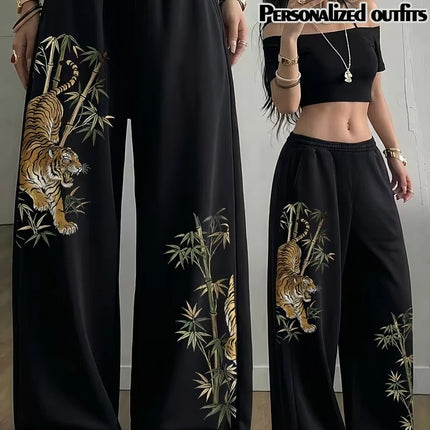 Y2K Aesthetic Chinese Tiger Pattern Pants, Unisex Oversized Casual Sports Pants, Elastic Waisted Street Pants, Gothic Loose Fit